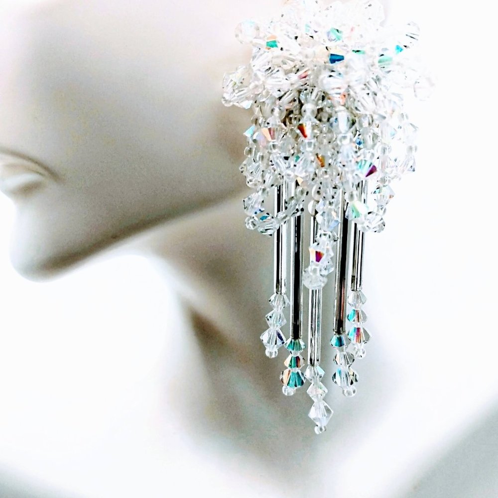 Chandelier Earrings 4mm Diamond "Crystal Rainbow "Crystal AB Clip- On